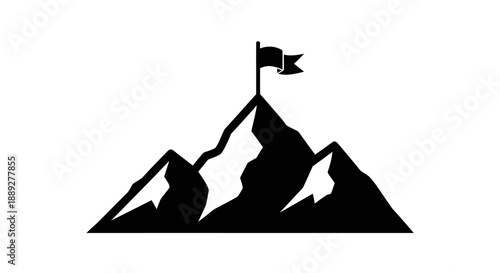 Mountain Peak with Flag Symbolizing Achievement and Success on Isolated White Background