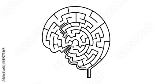 Complex Human Brain with Maze Labyrinth Icon Representing Problem Solving on Isolated White Background