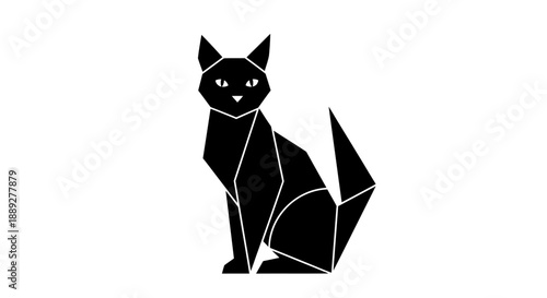 Geometric cat in sitting pose, abstract animal art, isolated white background.