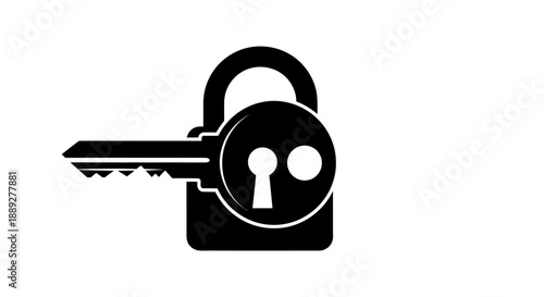 Key inserted into padlock, security and unlocking solution concept, isolated white background.