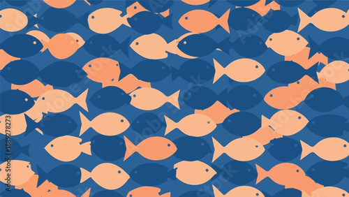 School of orange fish swimming together in blue water.