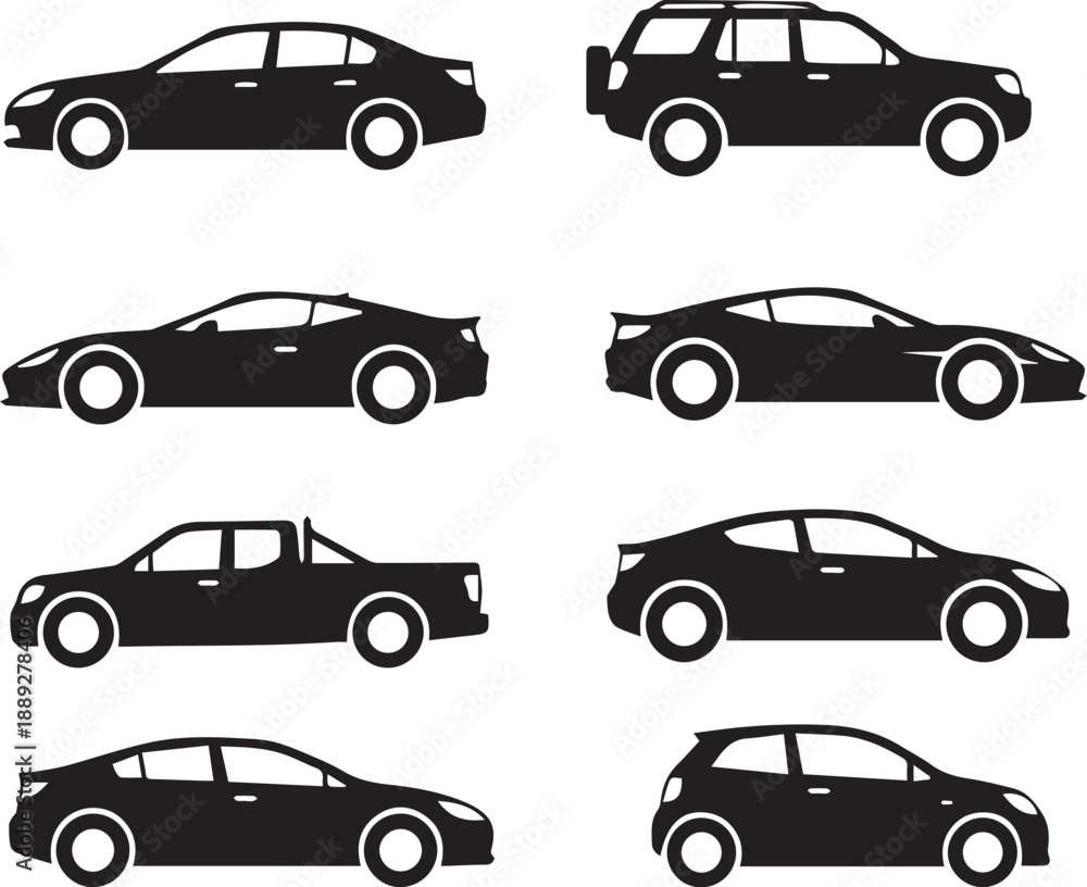 Fototapeta premium Collection of 8 black car silhouettes in various models and angles silhouette