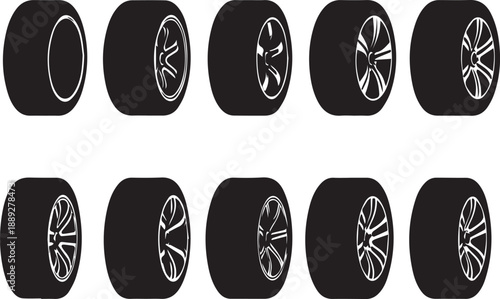 Silhouette of ten tires in two rows on white background