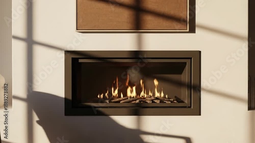 Cozy Living Room with Modern Fireplace, Warm Flames and Sunlight Shadows