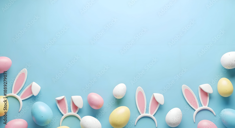 Fototapeta premium Easter eggs background with bunny ears on pastel blue