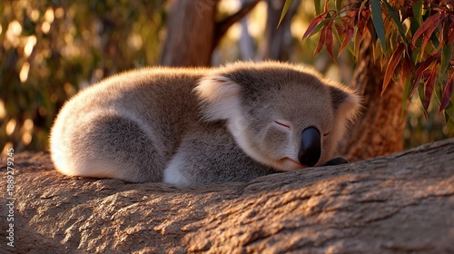 A peaceful koala sleeping on a tree branch with warm sunlight illuminating its fur