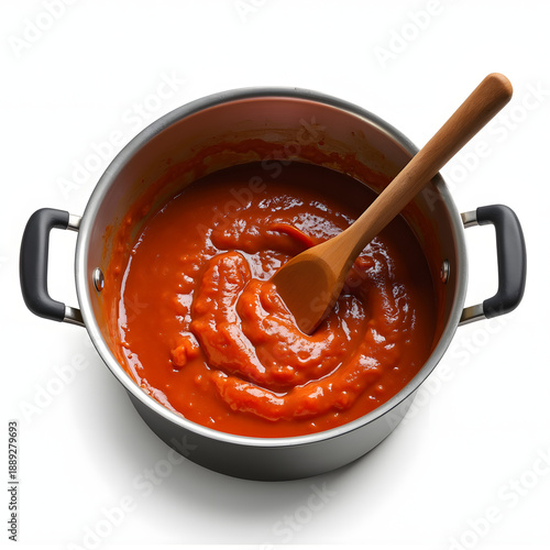 Tomato sauce cooking in a pot with a wooden spoon stirring  