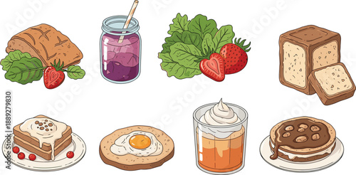 Breakfast food illustration set, bread jam strawberry eggs pancakes coffee, colorful hand drawn vector elements, isolated on white background