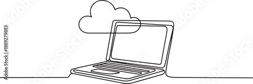 Laptop computer with cloud icon, Digital technologies. one line Art icon drawing vector