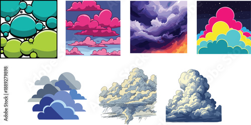 Colorful cloud illustration set, cartoon sky clouds, abstract weather shapes, fantasy atmosphere backgrounds, modern digital art collection