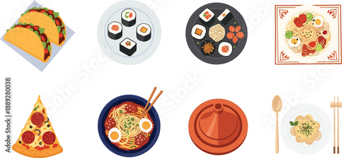 Global food illustration set featuring tacos sushi pizza ramen pasta and traditional cuisine icons flat design vector collection