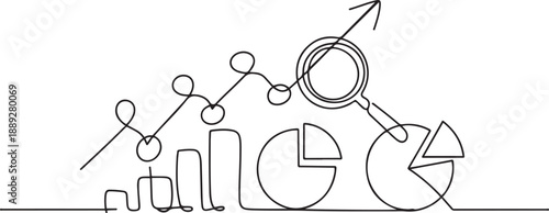 One continuous line drawing of Business performance analysis, one line Art icon drawing vector