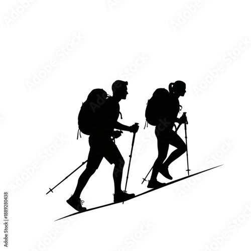 Two Hikers Walking with Trekking Poles Isolated On Transparent Background.