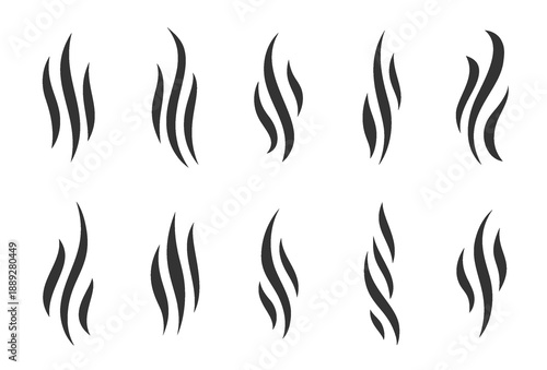 Steam or Smoke Black Thick Wavy Line Silhouette Set. Aroma or Smell Coffee, Tea, Hot Cooking Food, Fragrance Perfume. Fart Scent Doodle Icon. Abstract Grill, Vapor or Heat Cook Hand Drawn Vector Logo