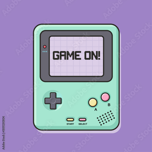 Retro handheld Game Console: A classic handheld game console, showcasing a cheerful GAME ON! message on its screen, evokes nostalgia for simpler times of gaming.