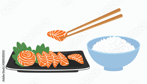 Fresh salmon sushi and sashimi illustration with chopsticks and rice bowl in clean flat style, designed for Japanese cuisine graphics, food menus, healthy dining concepts.