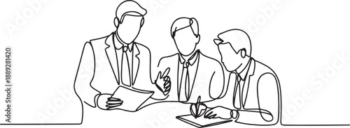 continuous line drawing of three employees talking about work. one line Art icon drawing vector