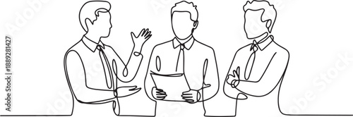 continuous line drawing of three employees talking about work. one line Art icon drawing vector