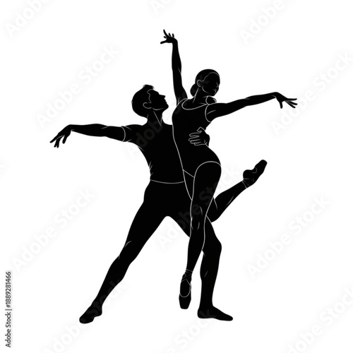 Silhouette of dancing couple performing ballet Isolated On Transparent Background.
