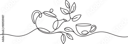 continuous line drawing of tea pot with tea leaves and cup. one line Art icon drawing vector
