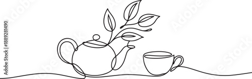 continuous line drawing of tea pot with tea leaves and cup. one line Art icon drawing vector
