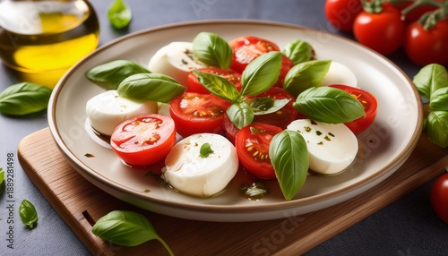 A Vibrant Italian Caprese Salad Features Fresh Mozzarella Juicy Cherry Tomatoes And Fragrant Basil Dressed With Extra Virgin Olive Oil