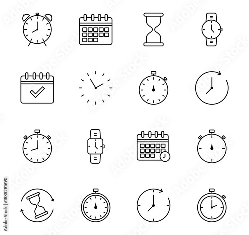 Minimalist line icons for time management scheduling and productivity