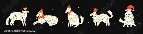 Christmas Borzoi dogs sticker set, funny sighthounds with holiday lights and winter hats, festive canine characters for New Year decor.