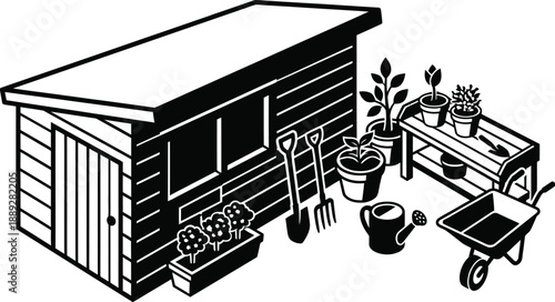 Shed with garden tools in isometric vector