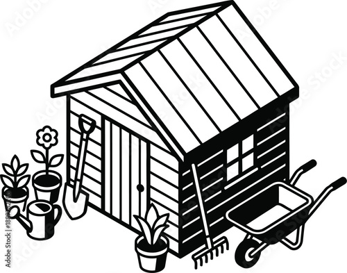 Shed with garden tools in isometric vector