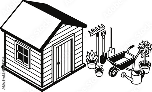Shed with garden tools in isometric vector