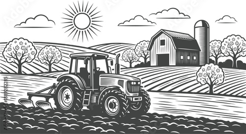 Farm landscape with tractor in spring vector