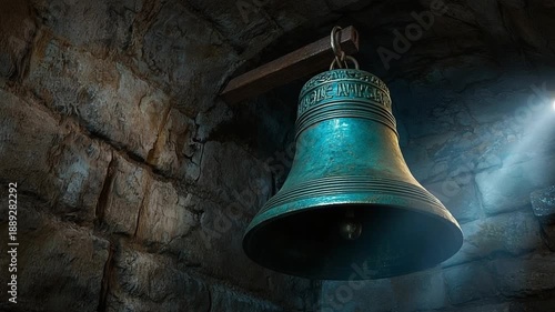  large bronze church bell hanging inside stone bell tower orbit video