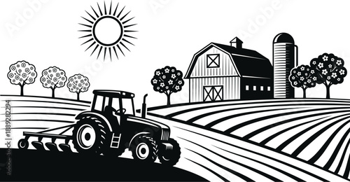 Farm landscape with tractor in spring vector