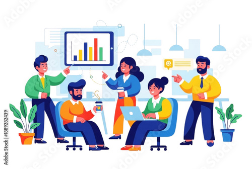 Diverse team collaborating and discussing data on screen in modern office