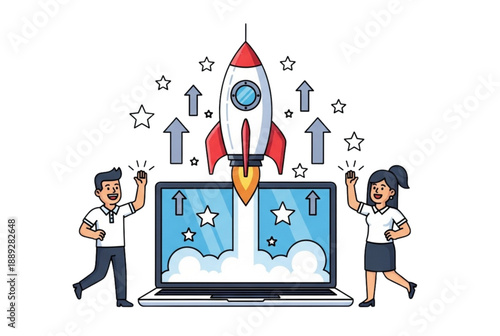 Business team celebrating startup success with rocket launch