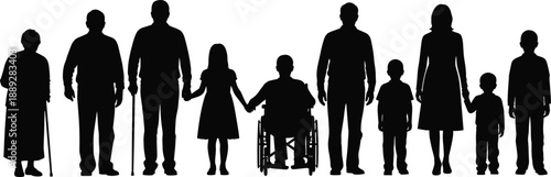 Family generations silhouette standing together isolated on white background inclusion diversity disability support love lifestyle illustration concept