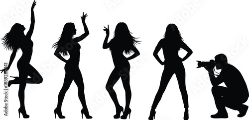 Fashion models posing for photographer silhouette isolated on white background photoshoot glamour style beauty creativity illustration concept