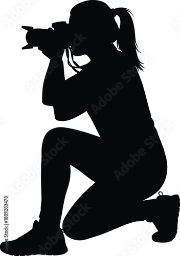 Female photographer kneeling with camera silhouette isolated on white background professional photography creativity art lifestyle illustration concept