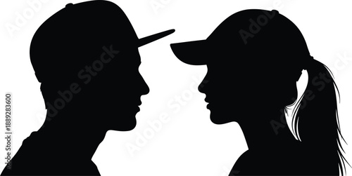 Male and female profile silhouettes facing each other isolated on white background communication relationship identity contrast illustration concept