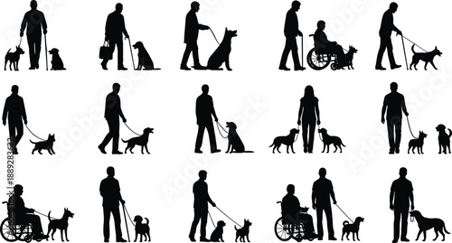 People walking dogs silhouette collection isolated on white background pet care lifestyle companionship accessibility daily activity illustration concept