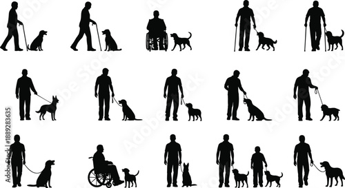 People with dogs silhouette set isolated on white background pet care training companionship accessibility daily lifestyle illustration concept