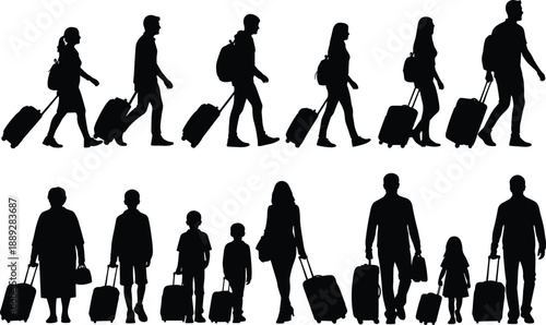 Travelers walking with luggage silhouette collection isolated on white background tourism journey airport family vacation lifestyle illustration concept