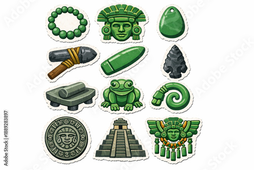 Guatemalan jade and stonework icon set in vector style