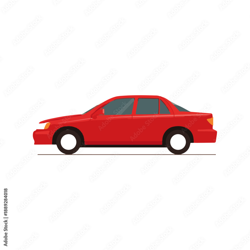 Fototapeta premium Red sedan car illustration on a white background, side view, depicting personal transport.