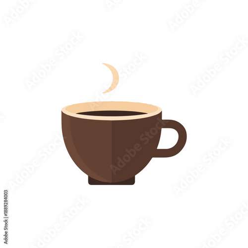 A simple, flat-design illustration of a brown coffee cup filled with hot coffee, emitting steam on a white background.