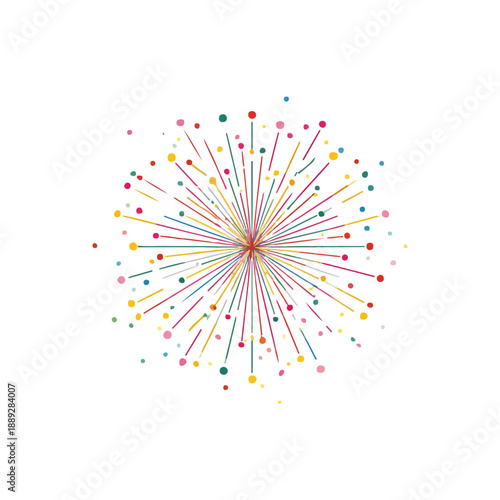 A colorful abstract burst of lines and dots, resembling a festive explosion or fireworks, on a white background.