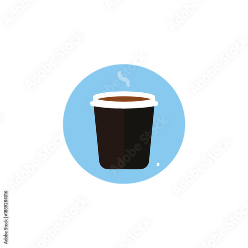 Flat design icon of a hot coffee cup with steam on a blue circle background.