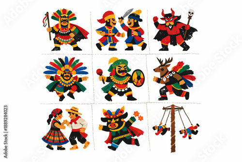 Guatemalan traditional dance icon set in vector style