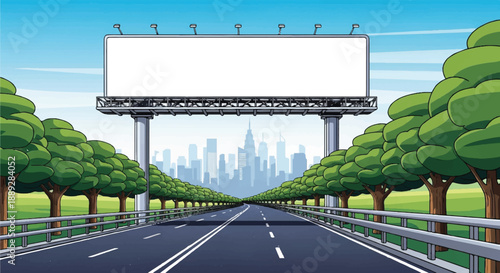 City skyline visible through a highway with a large billboard surrounded by green trees